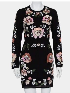 Needle & Thread Black Mini Dress with Pink & Cream Sequin Florals